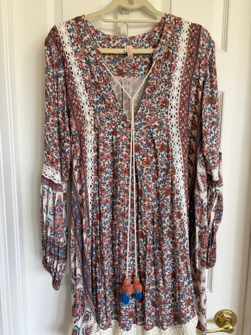 Raga size S Boho Floral Tassel Tunic Dress in Rust and Blue